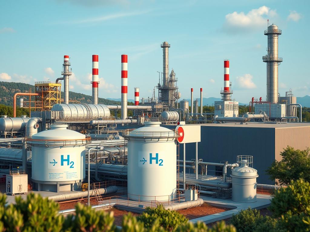 Modern hydrogen production facility with storage tanks